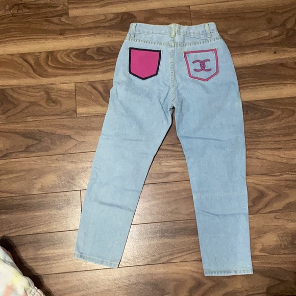 painted light blue washed denim mom jeans - Picture 2 of 2